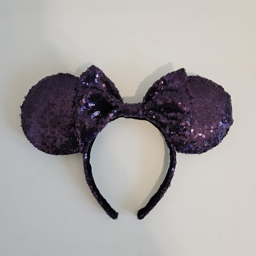 Disney Minnie Mouse Purple Sequin Bow Headband Ears Adult Womens - Picture 2 of 3